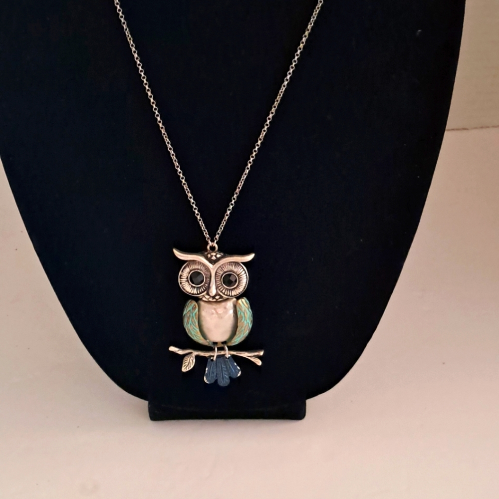 Karma Bella Silvertone Stamped 925 Owl With Black Eyes With Teal And Blu…